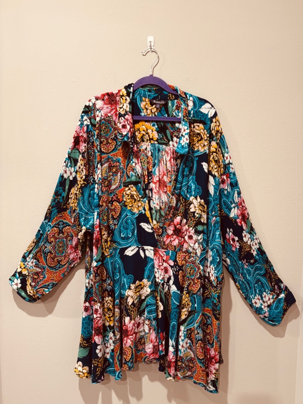 Roaman's Navy Floral Paisley Babydoll Tunic 44W Artsy Boho Cottagecore Colorful